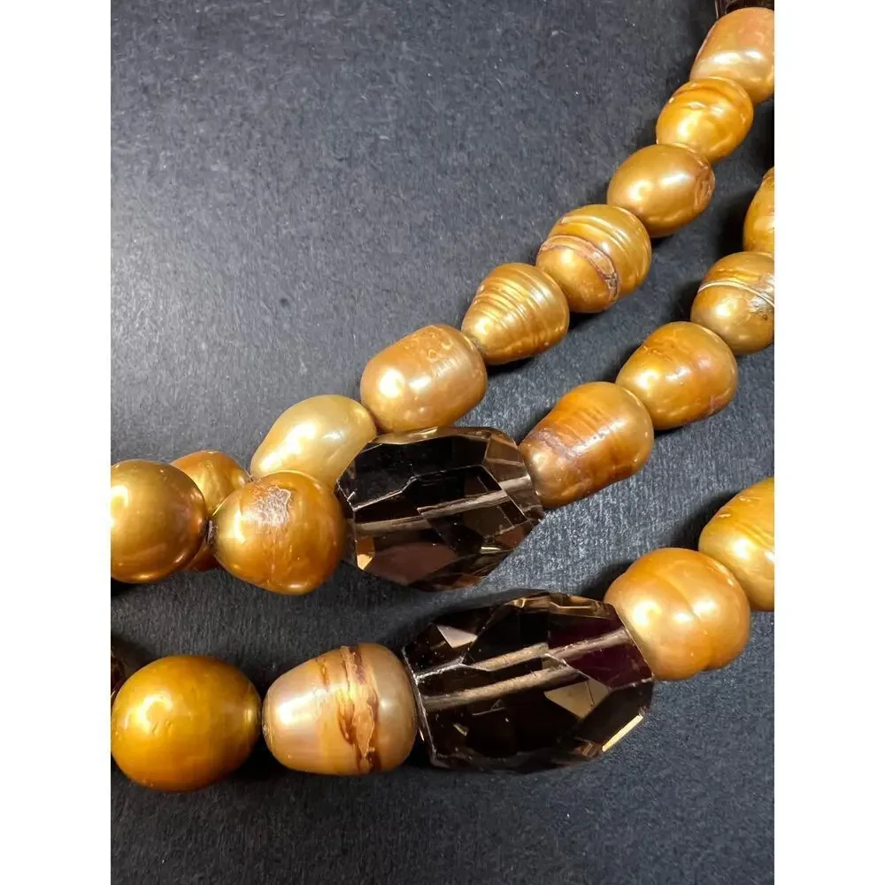 NEW smoky quartz and pearl multi strand necklace with sterling silver clasp